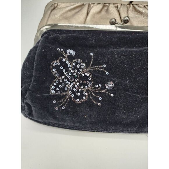 Express Clutch Bags Set Of 2: Black Velvet With Sequin Flower & Metallic Gold Fa - Picture 4 of 10